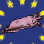 dessin d'un cochon devant le drapeau européen